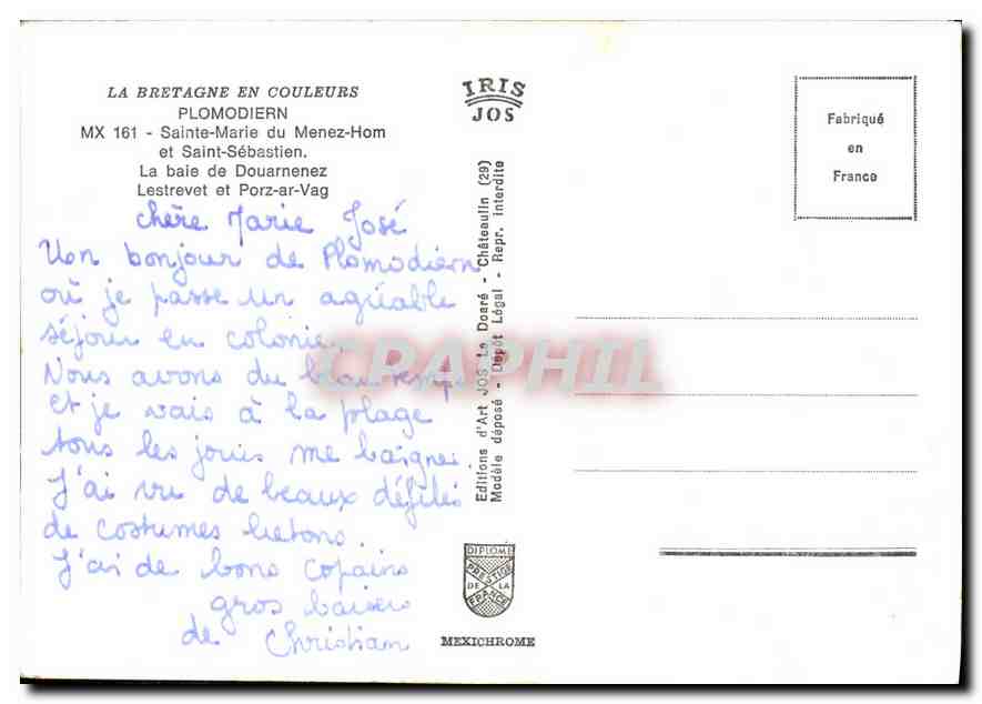 CPM La Bretagne en Couleurs Plomodiern Sainte Marie du Menez Hom et Saint Sebastien la baie de Douar — Rückseite