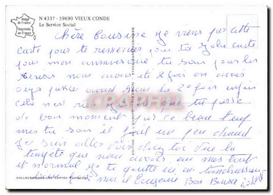 CPM Vieux Conde Le Service Social  — Back