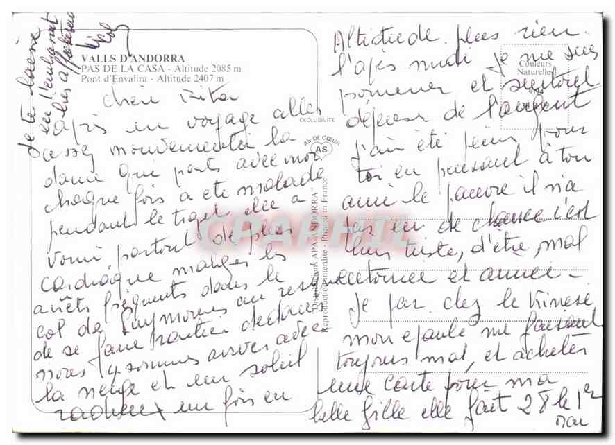 CPM Valls d'Andorra Pas de la Casa pont d'envalira  — Rückseite