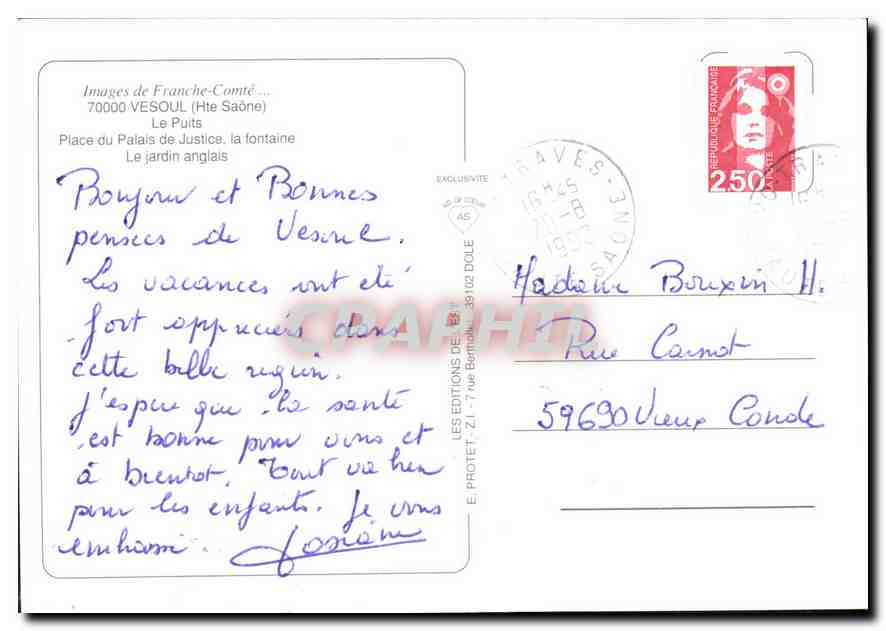 CPM Images de Franche Comte Vesoul Hte Saone Place du Palais de Justice la fontaine le jardin anglai — Rückseite