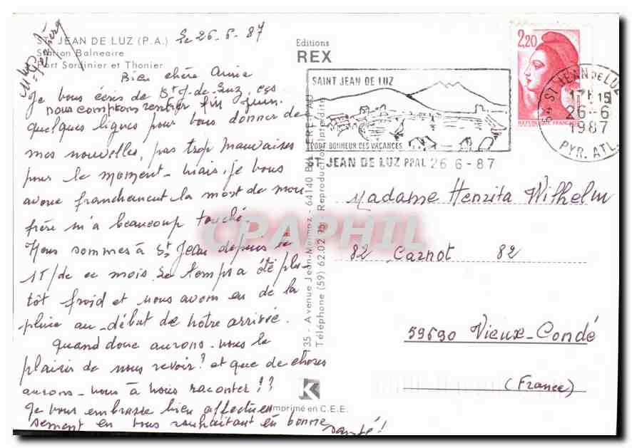 CPM St Jean de Luz P A Station Balneaire Port Sordinier et Thonier  — Verso