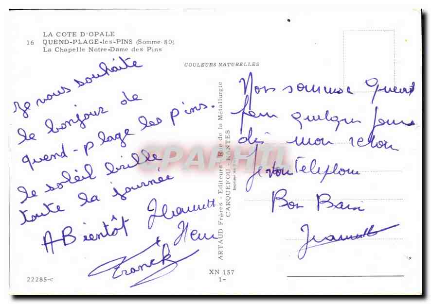 CPM La Cote d'Opale Quend Plage les Pins Somme La Chapelle Notre Dame des Pins  — Back