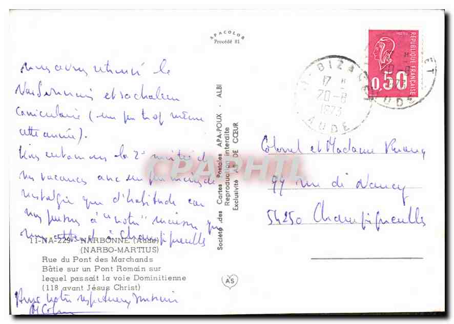 Rue du Pont des Marchands — Narbonne — Société des Cartes Postales APA-ROUX — Rückseite
