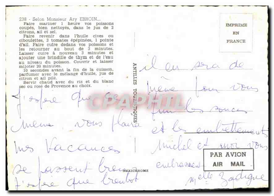 CPM Salon Monsieu Ary Ebroin Court bouillon a la creole poissons frais citron piment ail sel cives a — Rückseite