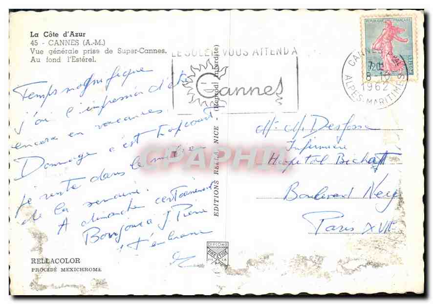 CPM La Cote d'Azur Cannes A M Vue generale prise de Super Cannes Au fond l'Esterel  — Verso