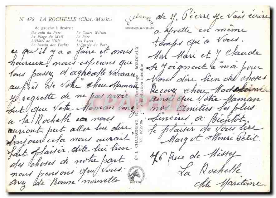 CPM la Rochelle Char Marit de gauche a droite un coin du port la plage du mail l'hotel de ville le b — Verso