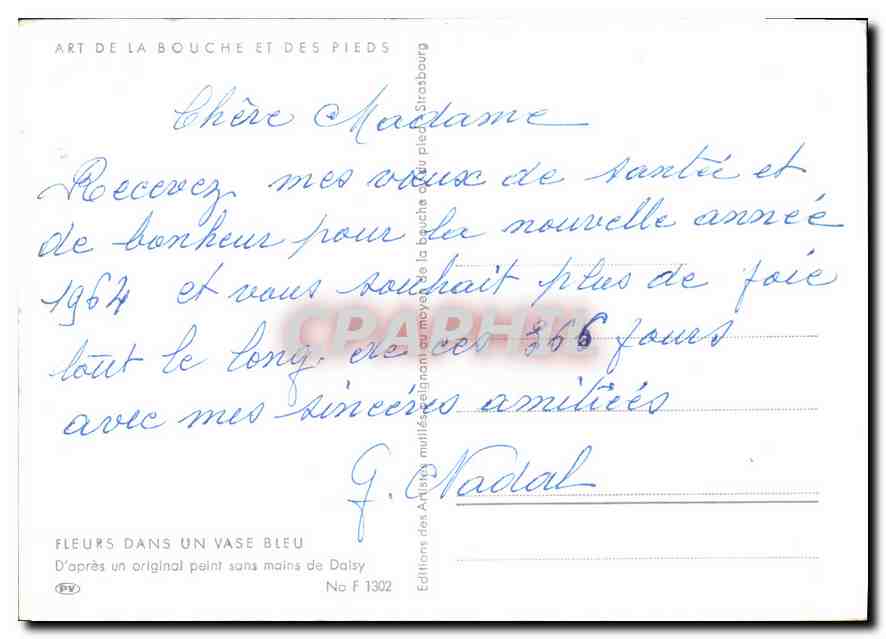 CPM Fleurs dans un vase bleu d'apres un original peint sans mains de Daisy  — Rückseite