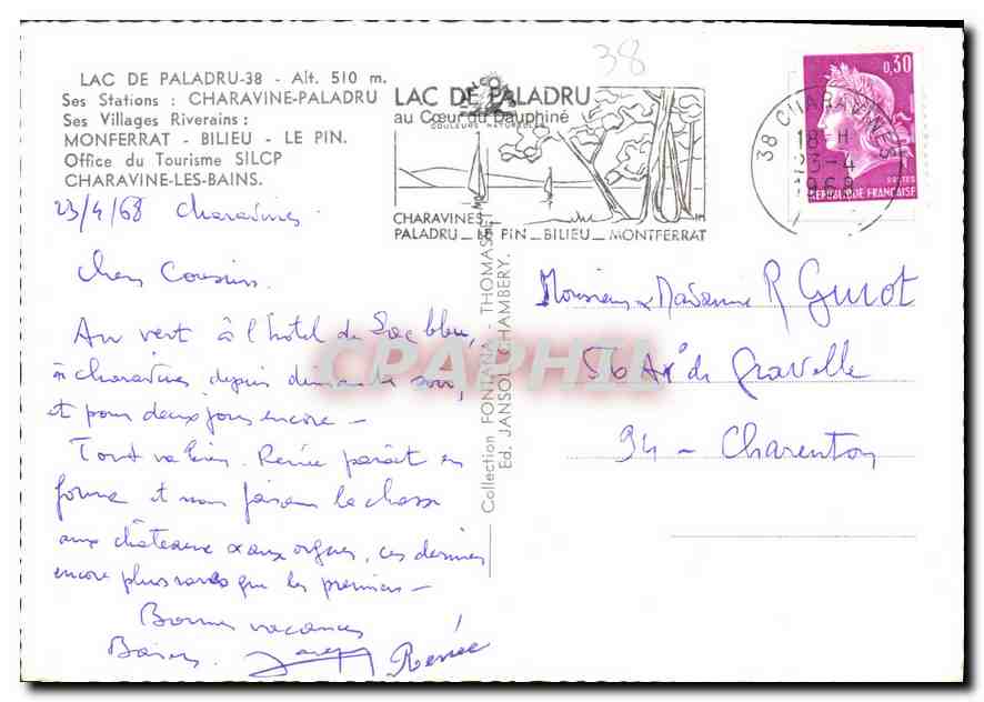 CPM Lac de Paladru ses Stations Charavine Paladru ses Villages Riverains Monferrat Bilieu le Pin Bat — Verso