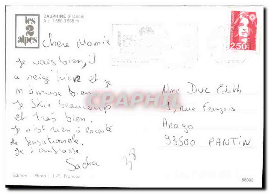 CPM Dauphine France Les 2 Alpes — Verso