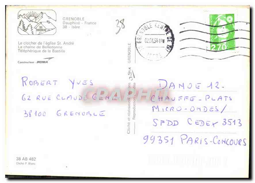 CPM Grenoble Dauphine France le clocher de l'Eglise St Andre la chaine de Belledonne Telepherique de — Verso