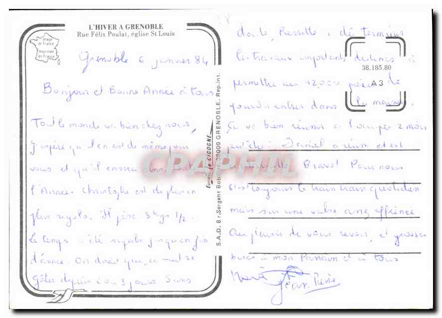 CPM L'Hiver Grenoble Rue Felix Poulat eglise St Louis  — Verso