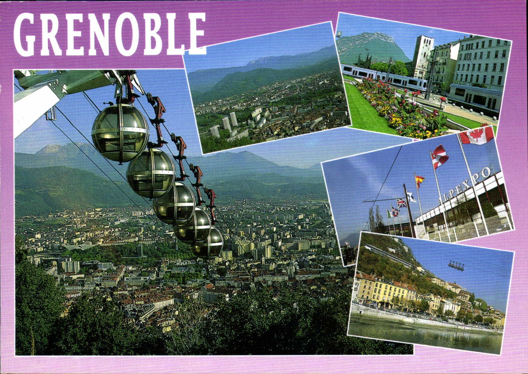 Grenoble — vue générale avec le téléphérique, le tramway, les quais et les vieux Grenoble — Éditions FLEURS-RTES