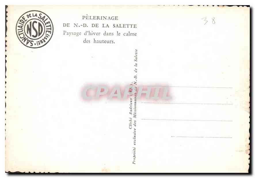 Sanctuaire de Notre-Dame de La Salette — Paysage d'hiver dans les hauteurs — Cliché Audriieux (1928) — Verso