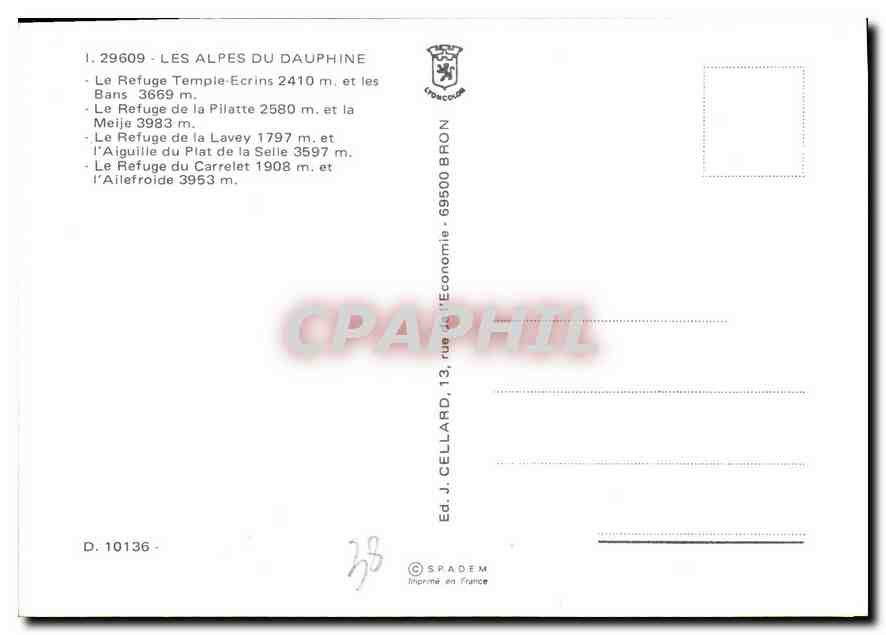 Les ALPES du DAUPHINE — Montagnes et refuges — Ed. J. CELLARD, n° 10136 — Achterkant