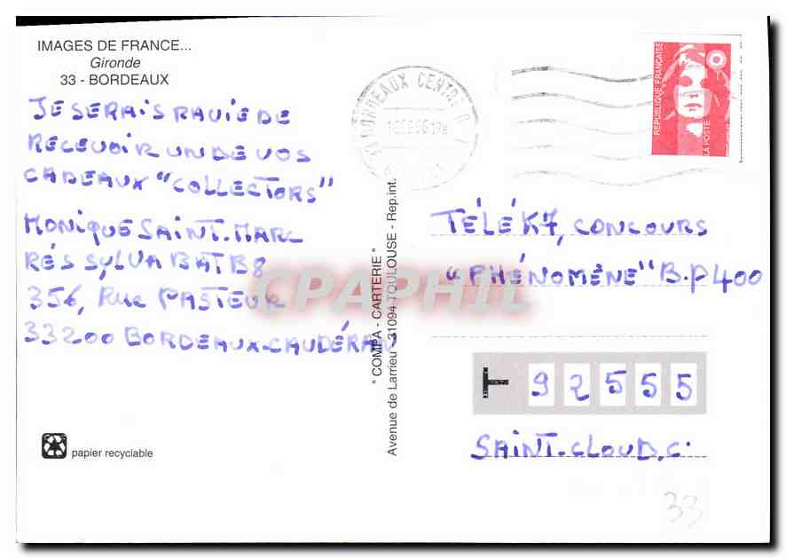 CPM Images de France Gironde Bordeaux  — Verso