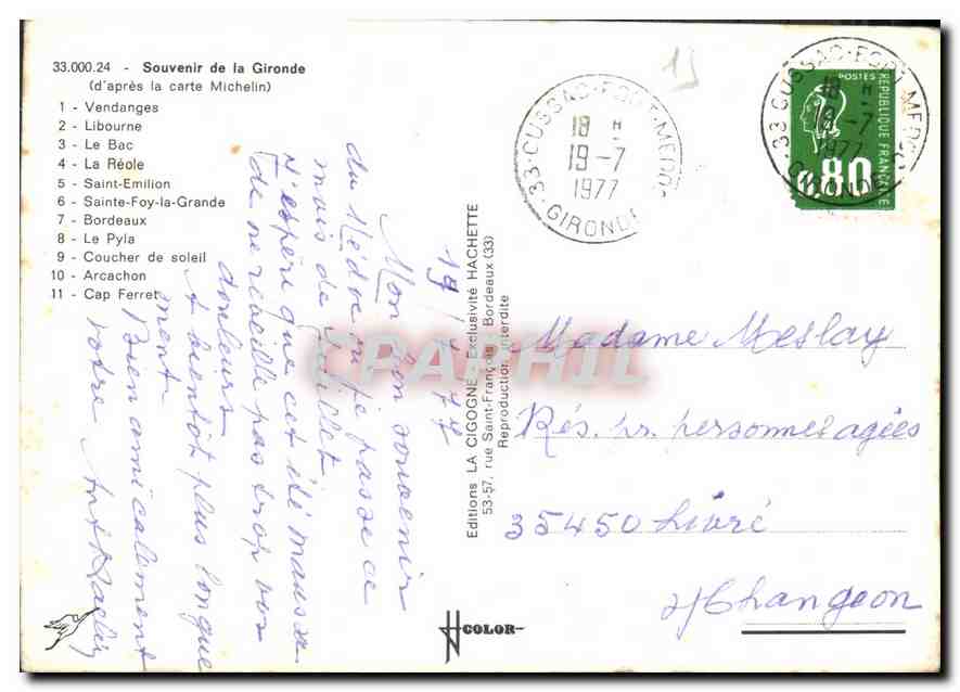 CPM Souvenir de la Gironde d'apres la carte Michelin Vendanges Libourne le Bac la Reole Saint Emilio — Rückseite