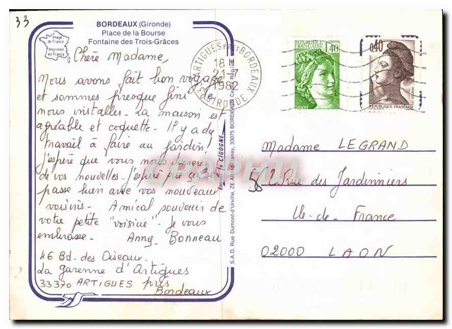 CPM Bordeaux Gironde Place de la Bourse Fontaine des Trois Graces  — Verso