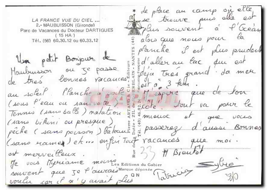 CPM La France vue du Ciel Maubuisson Gironde Parc de Vacances du Docteur Dartigues  — Rückseite