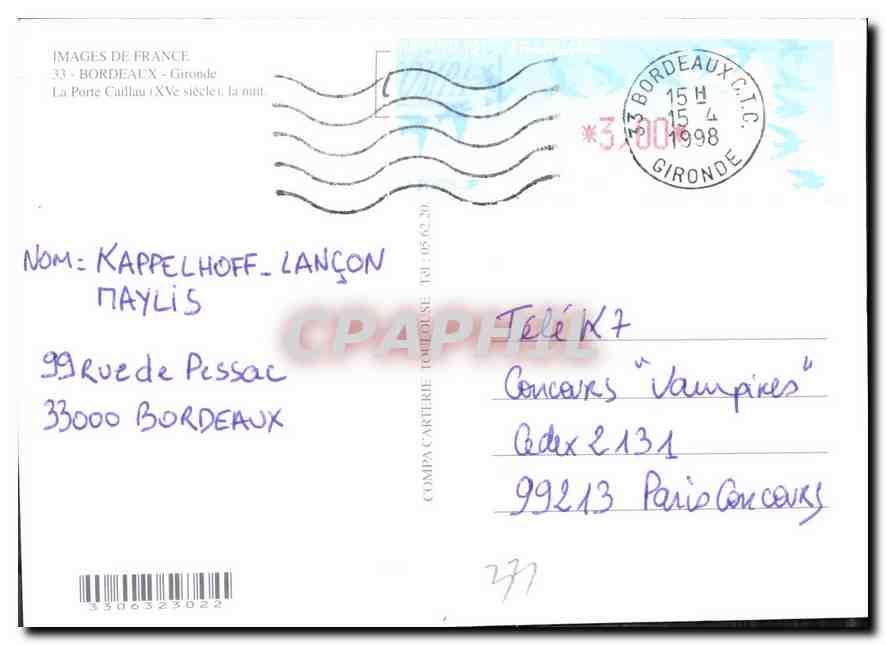 CPM Images de France Bordeaux Gironde la Porte Caillau  — Verso