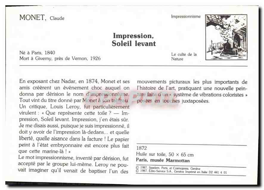 CPM Monet Claude Impression Soleil levant  — Verso