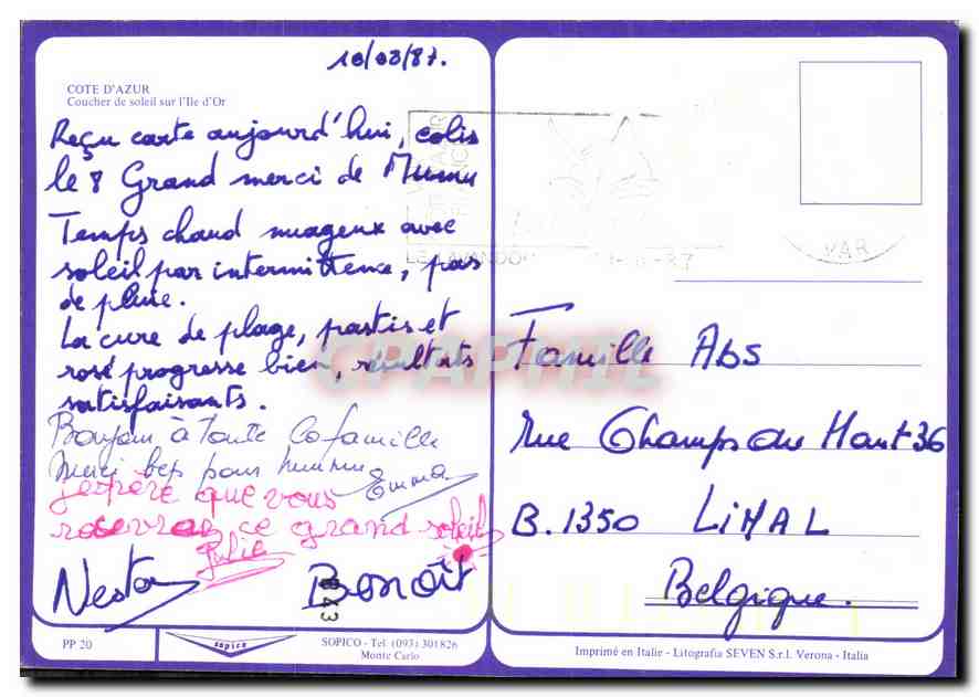 Château de l'Île d'Or — Côte d'Azur — éditeur SOPICO, n° PP 20 — Verso