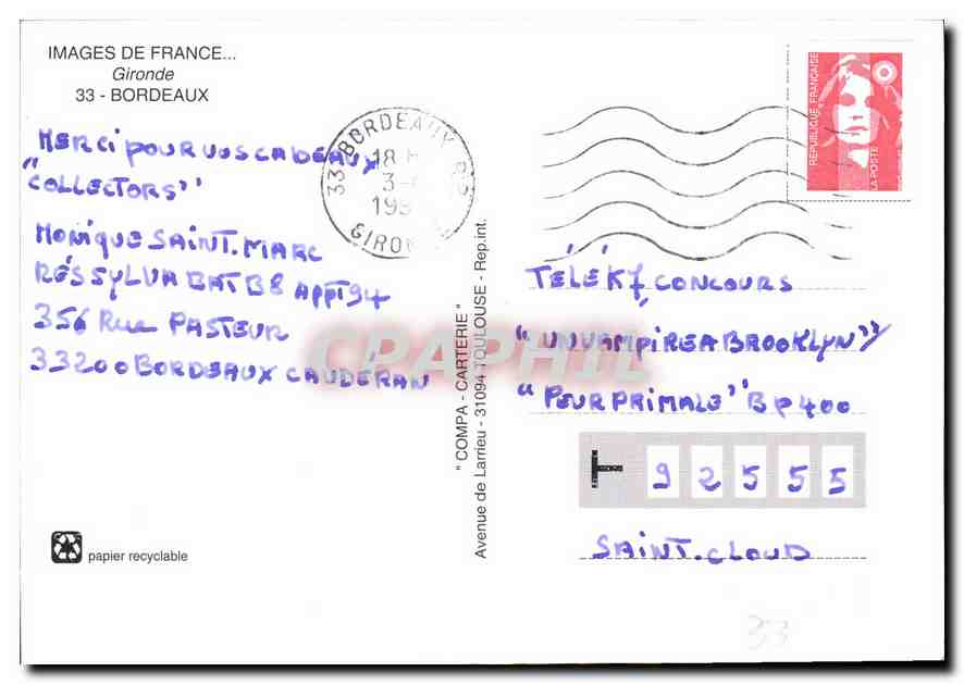CPM Images de france Gironde Bordeaux  — Verso
