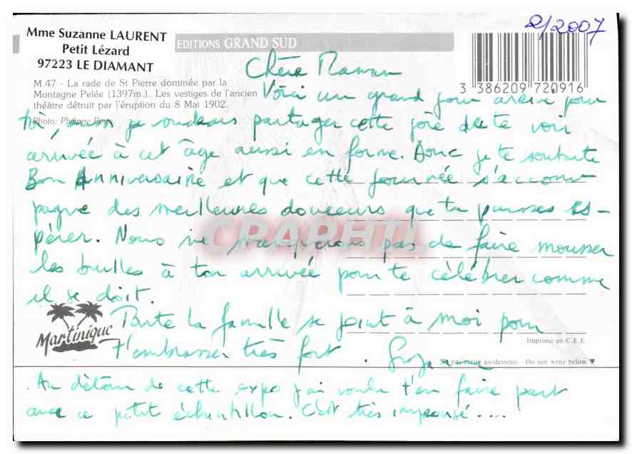 CPM Martinique Saint Pierre Mme Suzanne Laurent Petit Lezard Le Diamant  — Rückseite