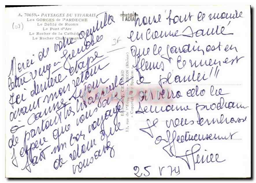 Les Gorges de l'Ardeche — Vivarais — Éditeur ADIA, n° 70659 — Reverso