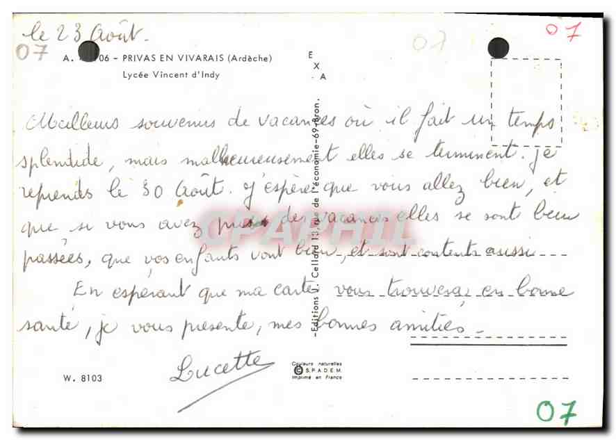 Lycée Vincent d'Indy — Privas (Ardèche) — Éditions SPRADEM — Verso