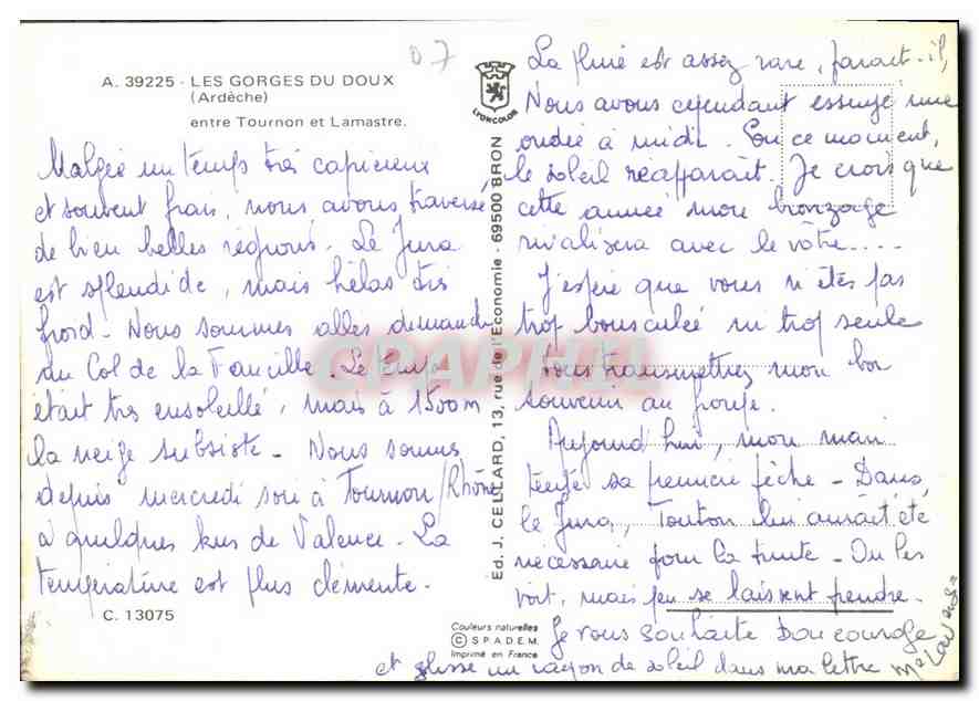 Les Gorges du Doux — entre Tournon et Lamastre — Éd. J. Celt, Ardèche — Rückseite