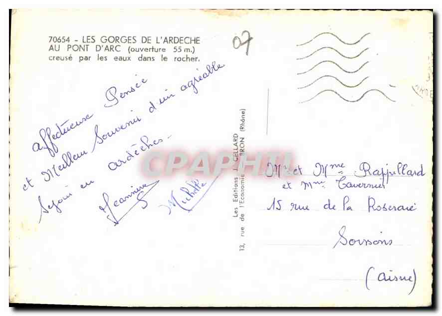Les Gorges de l'Ardeche — Pont d'Arc (ouverture 55 m.) — Les Éditions L. Cellard, Bron (Rhône) n° 70654 — Rückseite