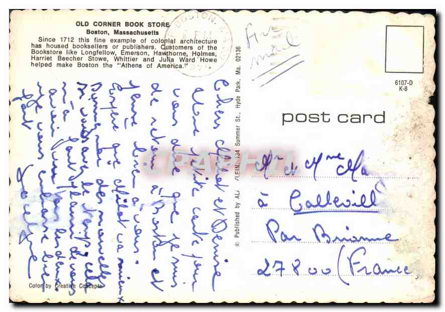 CPM The Old Corner Book Store Freedom Trail Boston Massachusets  — Verso