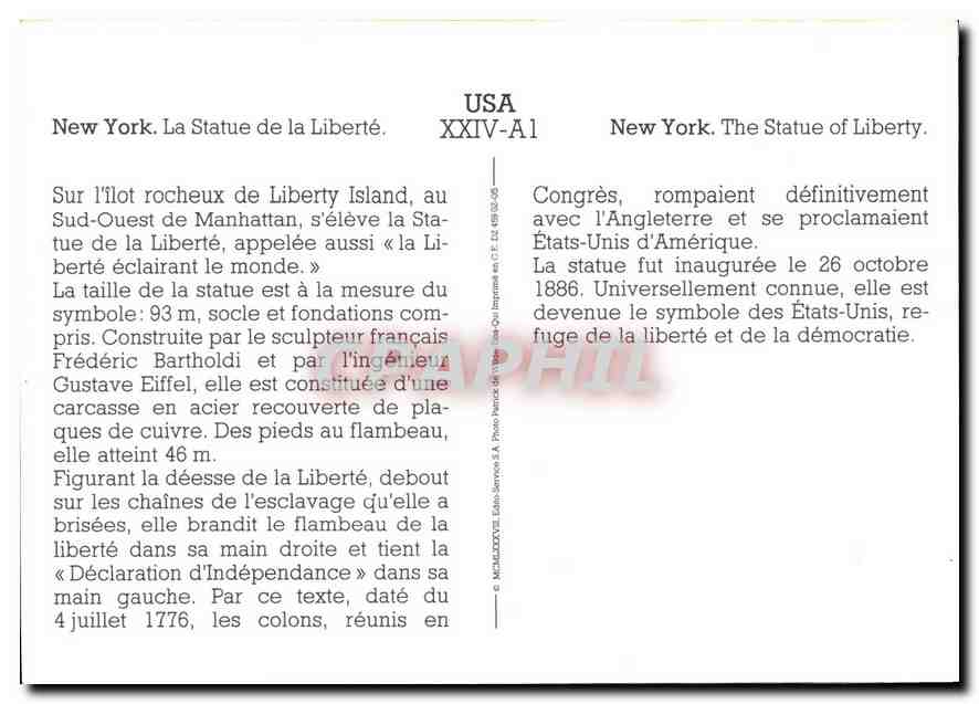 CPM New York La Statue de la Liberte  — Verso