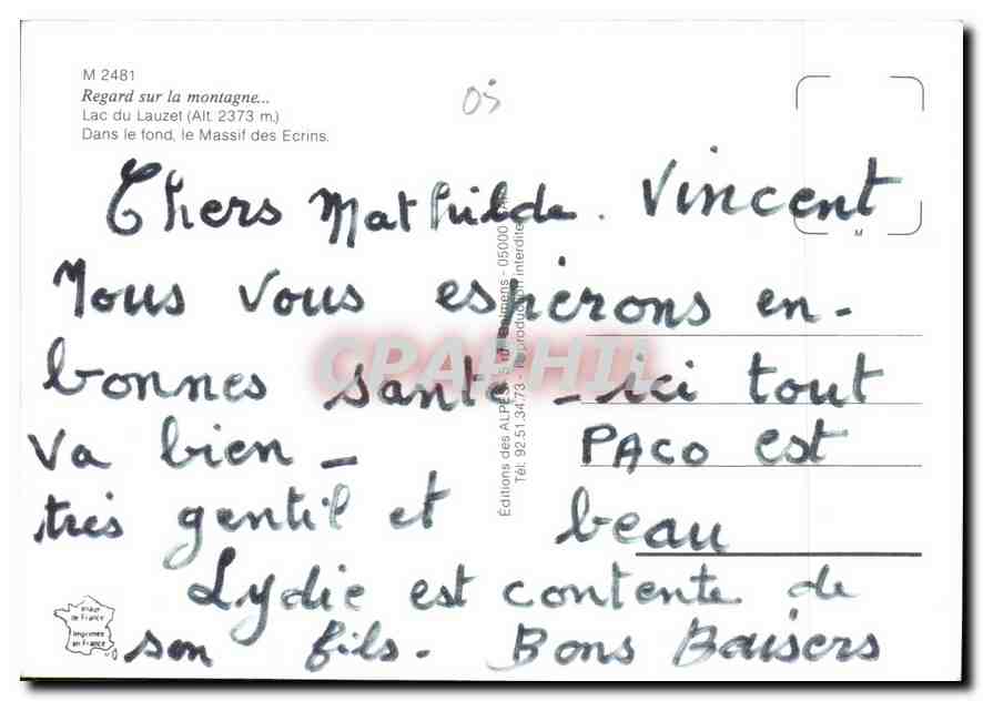 CPM Regard sur la montagne Lac du Laucet Dans le fond le Massif des Ecrins  — Back