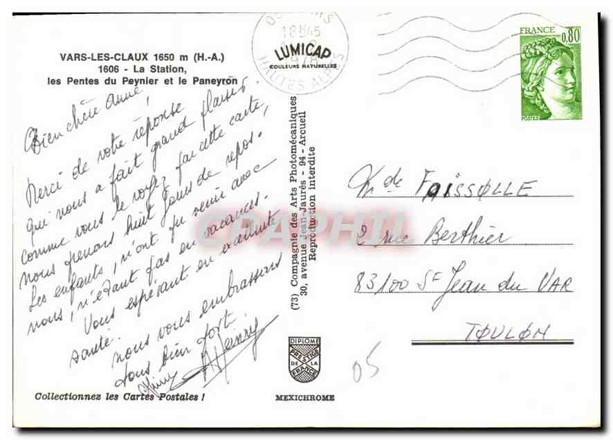 Vars-les-Claux — Les Pentes du Peynier et le Paneyron — Éditeur LUMICAD — Rückseite
