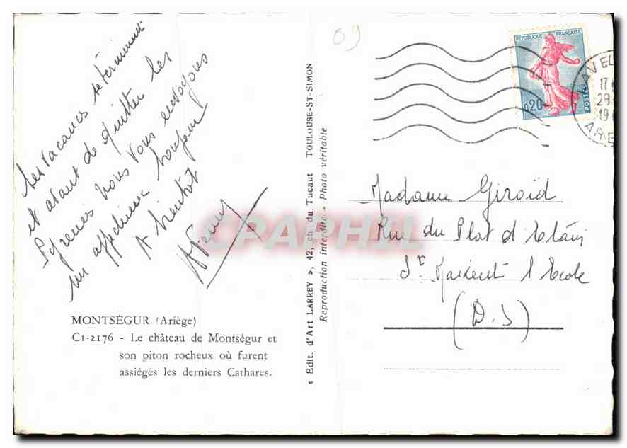 Montségur — Le château de Montségur et son piton rocheux où furent assiégés les derniers Cathares — Édit. d'Art Larrey — Reverso