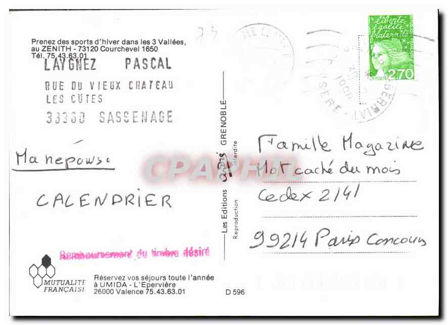 Hôtel Zenith - Courchevel — éditeur Les Editions Grenoble, n° D 596 — Verso