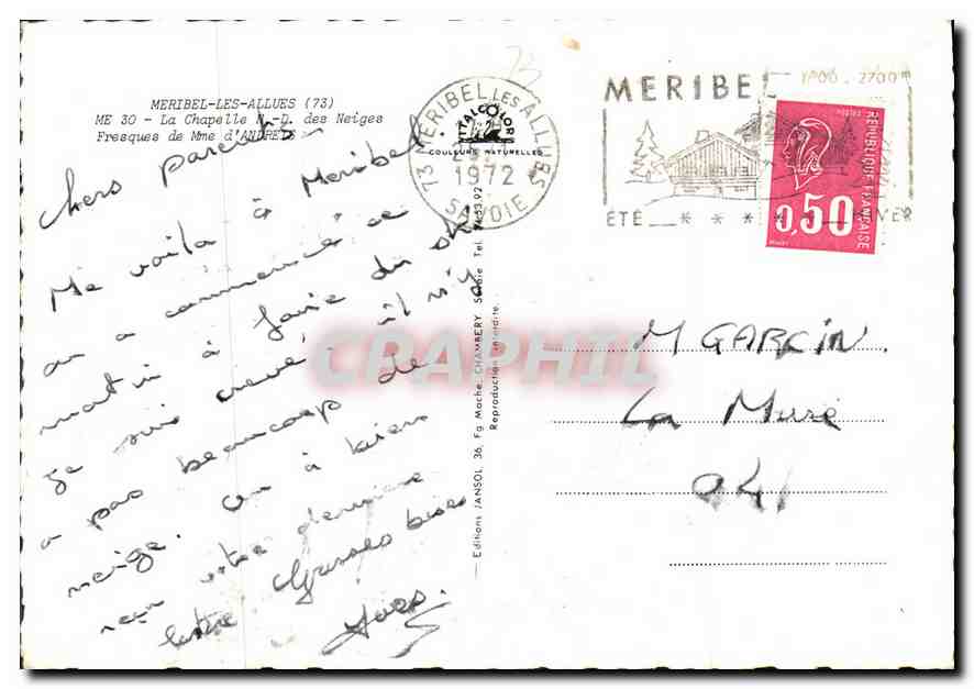 CPM Meribel les Allues La chapelle ND des Neiges Fresques de Mme d'Andrete — Rückseite
