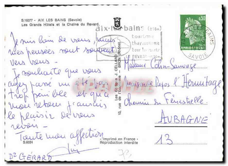 CPM Aix les Bains Savoie Les Grands Hotels et la Chaine du Revard  — Rückseite