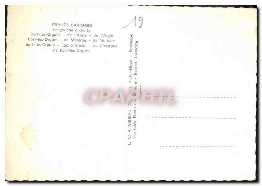 CPM Grands Barrages de gauche a droite Bort les Orgues de l'Aigle Mareges Chastang  — Rückseite