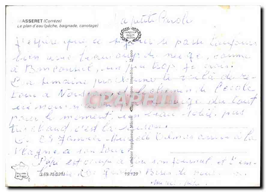 Masseret (Corrèze) — Le plan d'eau (pêche, baignade, canotage) — Imprimeur Maubert — Rückseite
