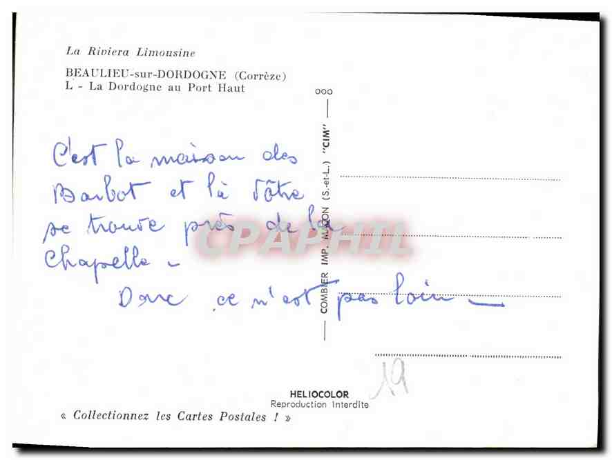CPM La Riviera Limousine Beaulieu sur Dordogne Correze  — Rückseite