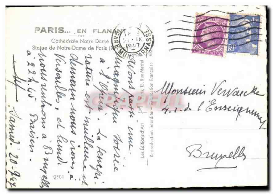 CPM Paris en Flanany Cathedrale Notre Dame Statue de Notre Dame de Paris  — Verso