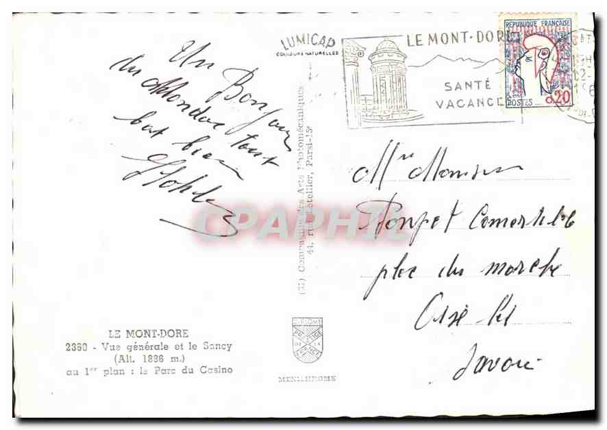 CPM Le Mont Dore Vue generale et le Sancy  — Verso