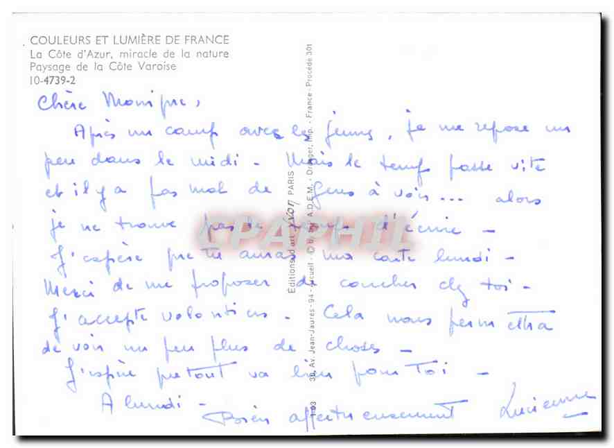 Côte d'Azur — Paysage de la Côte Varoise — Éditions A.D.E.W. - Jean-Jaures — Verso