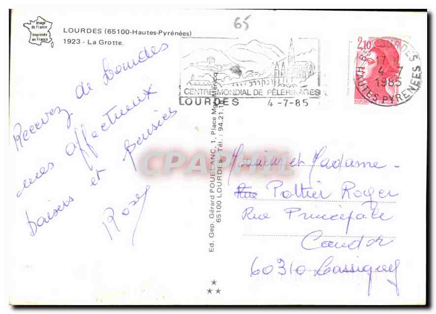 CPM Lourdes Hautes Pyrenees La Grotte  — Verso