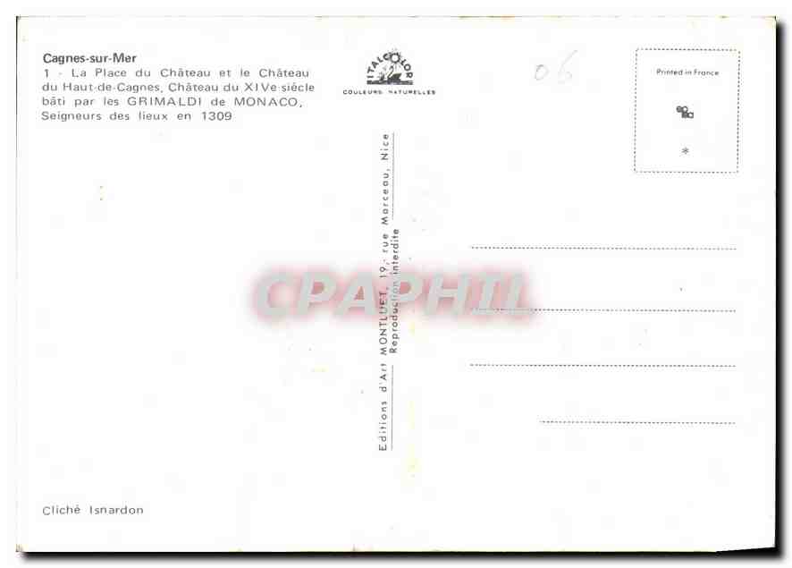 CPM Cagnes sue Mer La Place du Chateau et le Chateau  — Verso