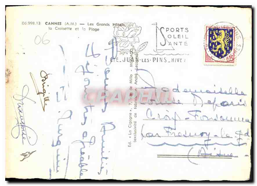 CPM Cannes Les Grands Hotel la Croisette et la Plage  — Verso