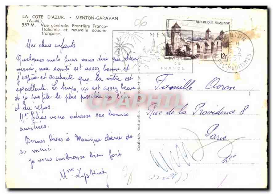 La Côte d'Azur - Menton-Garavan — Vue générale, frontière Franco-italienne et nouvelle douane française — Verso