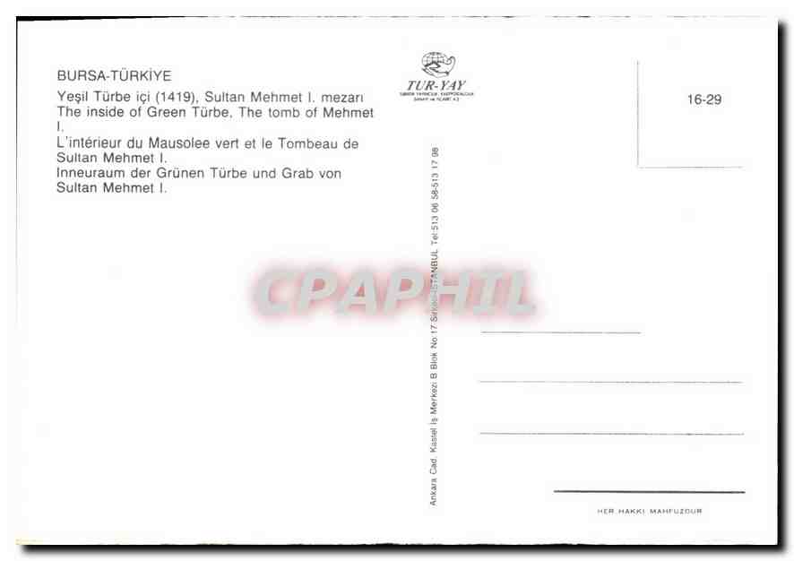 CPM Bursa Turkiye Yesil Turbe ici 1419  — Verso